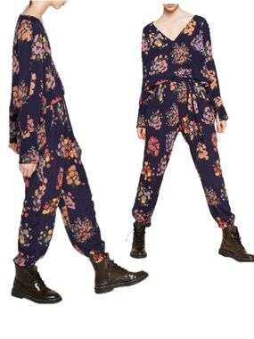 𝅺ZARA Navy blue floral flower harem trouser pants Sz S